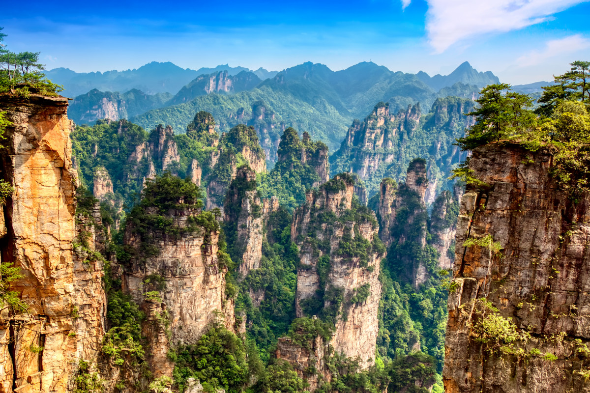 Parque forestal nacional zhangjiajie gigantescas montanas cuarzo que elevan canon dia soleado verano hunan china